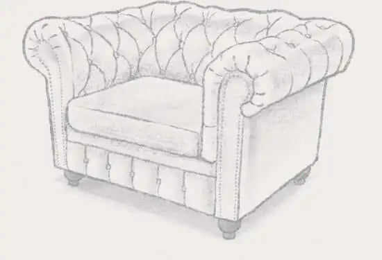 A pencil sketch of a Chesterfield leather chair that shows all of its tufting and one removable, reversible cushion