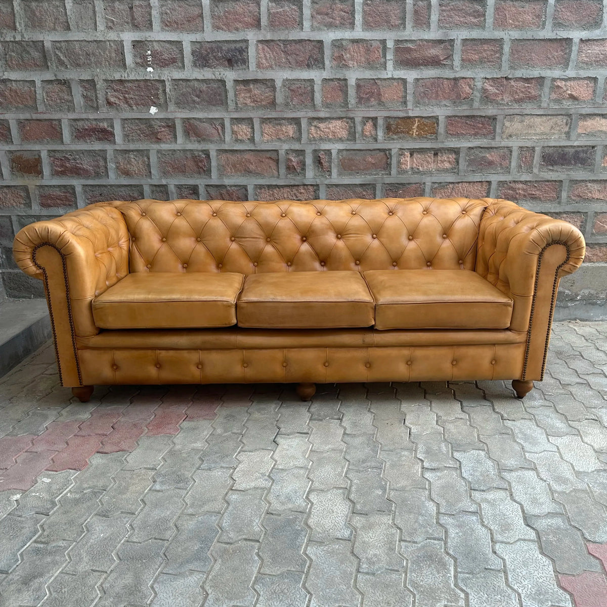 Cheyenne Chesterfield Leather Sofa with Normal Cushions (CH-3C) by Rising Tide Design Co.