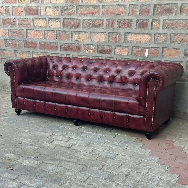 87" Sofa Tufted Bench | Oxford Red Chesterfield Leather Sofa with Tufted Bench Seat (OR-3T) by Rising Tide Design Co.