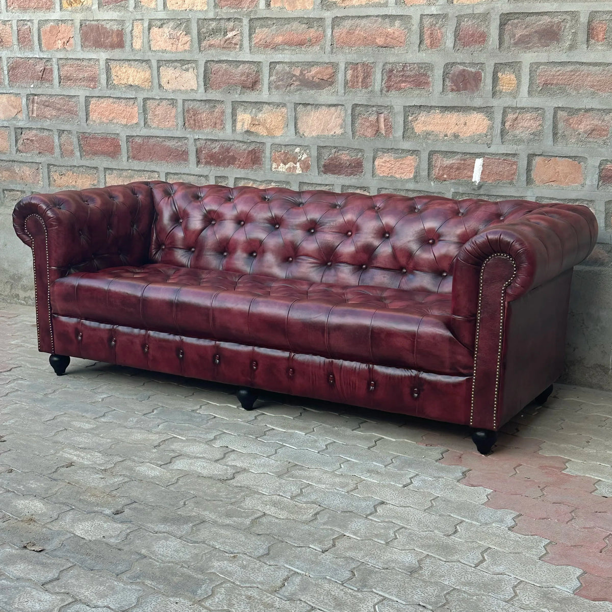 87" Sofa Tufted Bench | Oxford Red Chesterfield Leather Sofa with Tufted Bench Seat (OR-3T) by Rising Tide Design Co.
