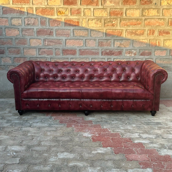95" Sofa Tufted Bench | Oxford Red Chesterfield Leather Sofa with Tufted Bench Seat (OR-4T) by Rising Tide Design Co.