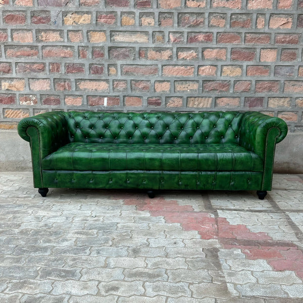 Polo Green Chesterfield Leather Sofa with Tufted Bench Seat (PG-3T) by Rising Tide Design Co.