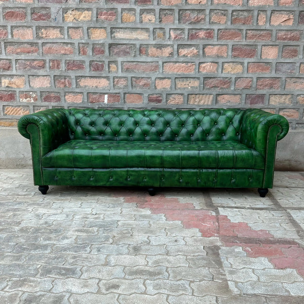 87" Sofa Tufted Bench | Polo Green Chesterfield Leather Sofa with Tufted Bench Seat (PG-3T) by Rising Tide Design Co.