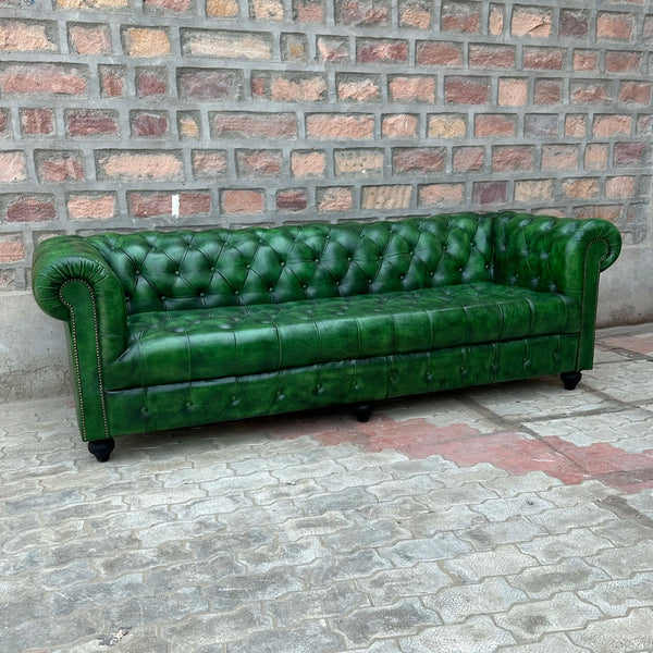 87" Sofa Tufted Bench | Polo Green Chesterfield Leather Sofa with Tufted Bench Seat (PG-3T) by Rising Tide Design Co.