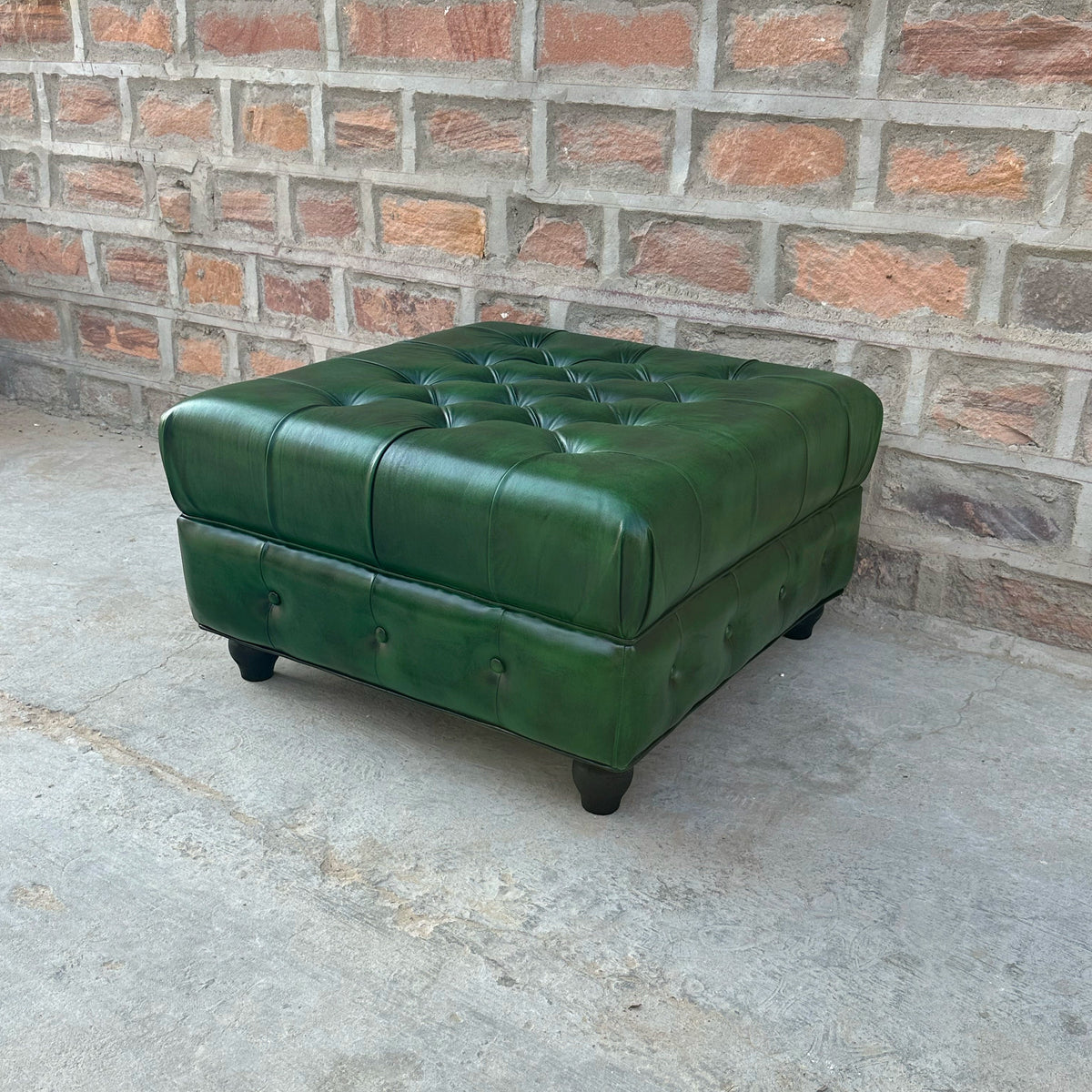Polo Green Chesterfield Leather Ottoman by Rising Tide Design Co.