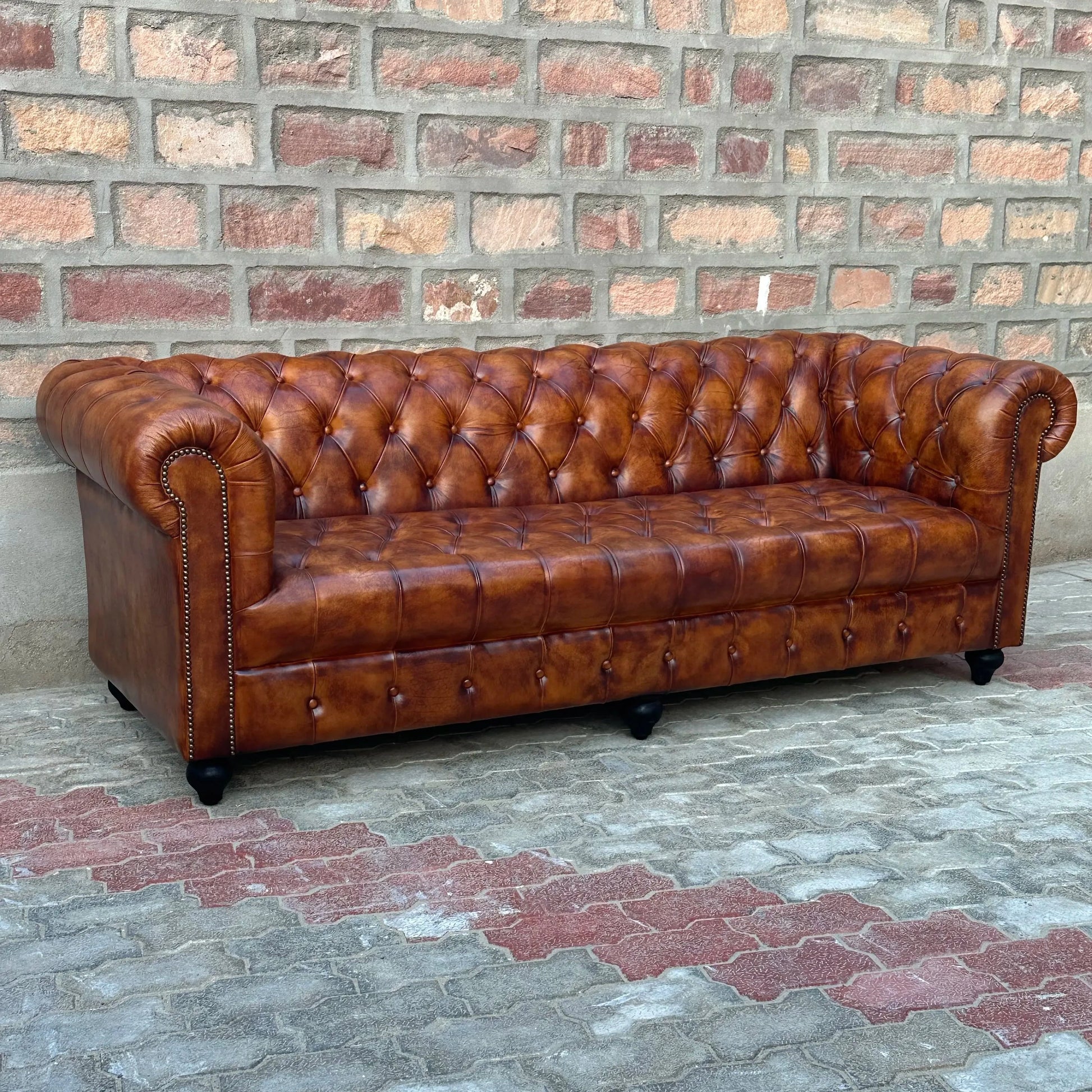 87" Sofa Tufted Bench | Laramie Chesterfield Leather Sofa with Tufted Bench Seats (LA-3T) by Rising Tide Design Co.