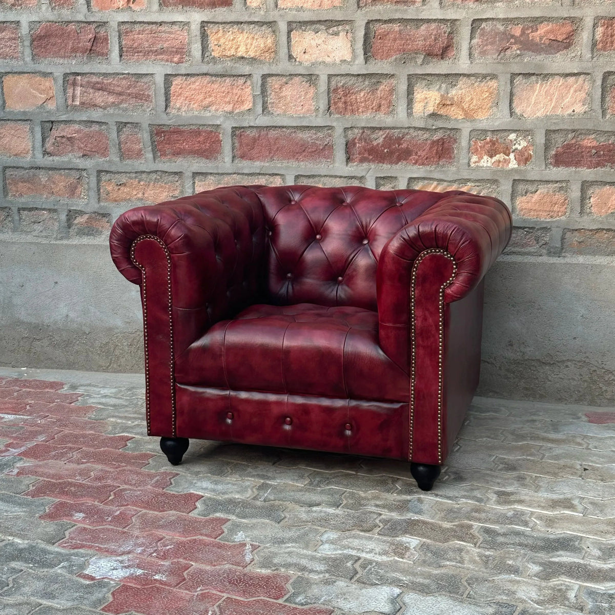 37" Armchair Tufted Bench | Oxford Red Chesterfield Leather Armchair with Tufted Bench Seat (OR-1T) by Rising Tide Design Co.