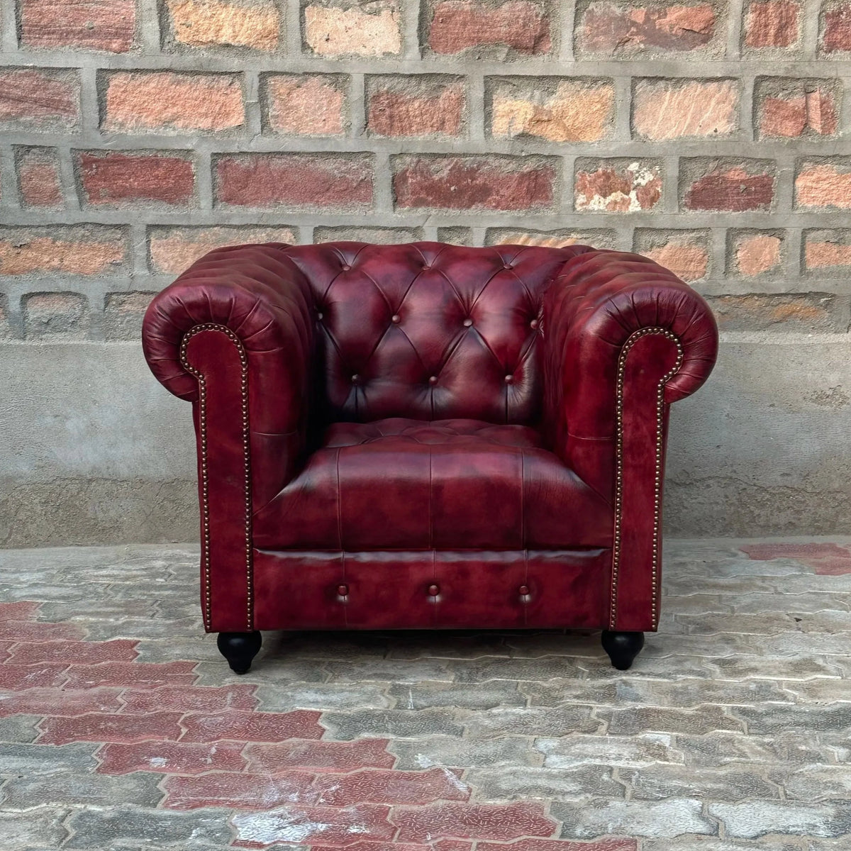 37" Armchair Tufted Bench | Oxford Red Chesterfield Leather Armchair with Tufted Bench Seat (OR-1T) by Rising Tide Design Co.