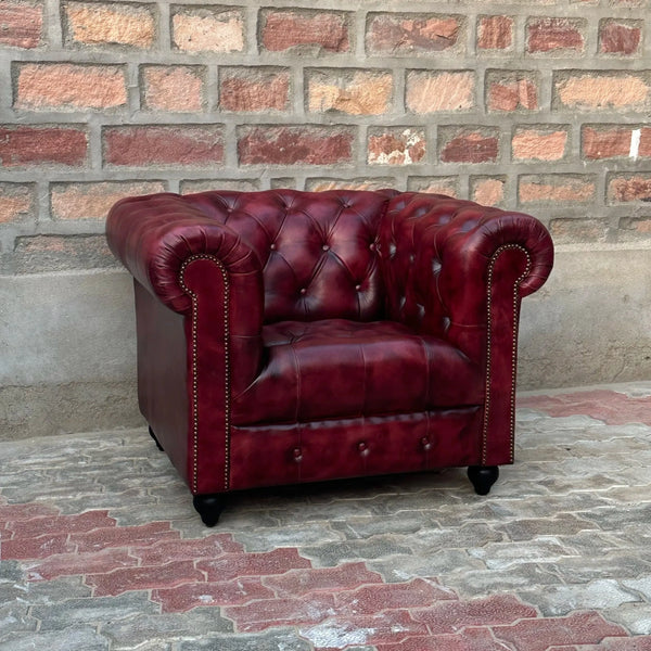 37" Armchair Tufted Bench | Oxford Red Chesterfield Leather Armchair with Tufted Bench Seat (OR-1T) by Rising Tide Design Co.