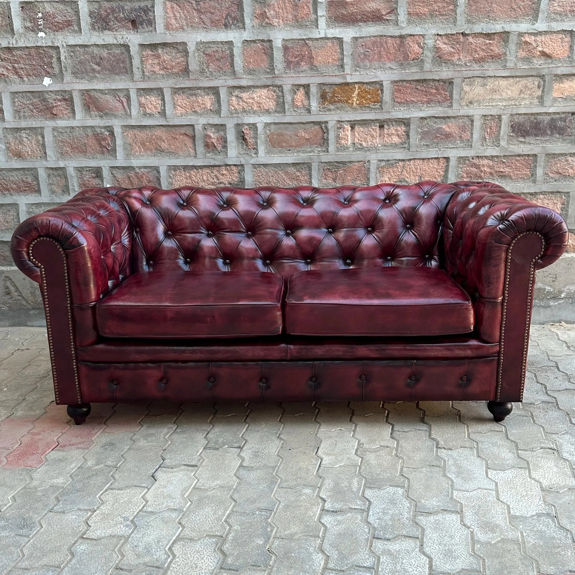 71" Loveseat Normal Cushions | Oxford Red Chesterfield Leather Loveseat with Normal Cushions (OR-2C) by Rising Tide Design Co.