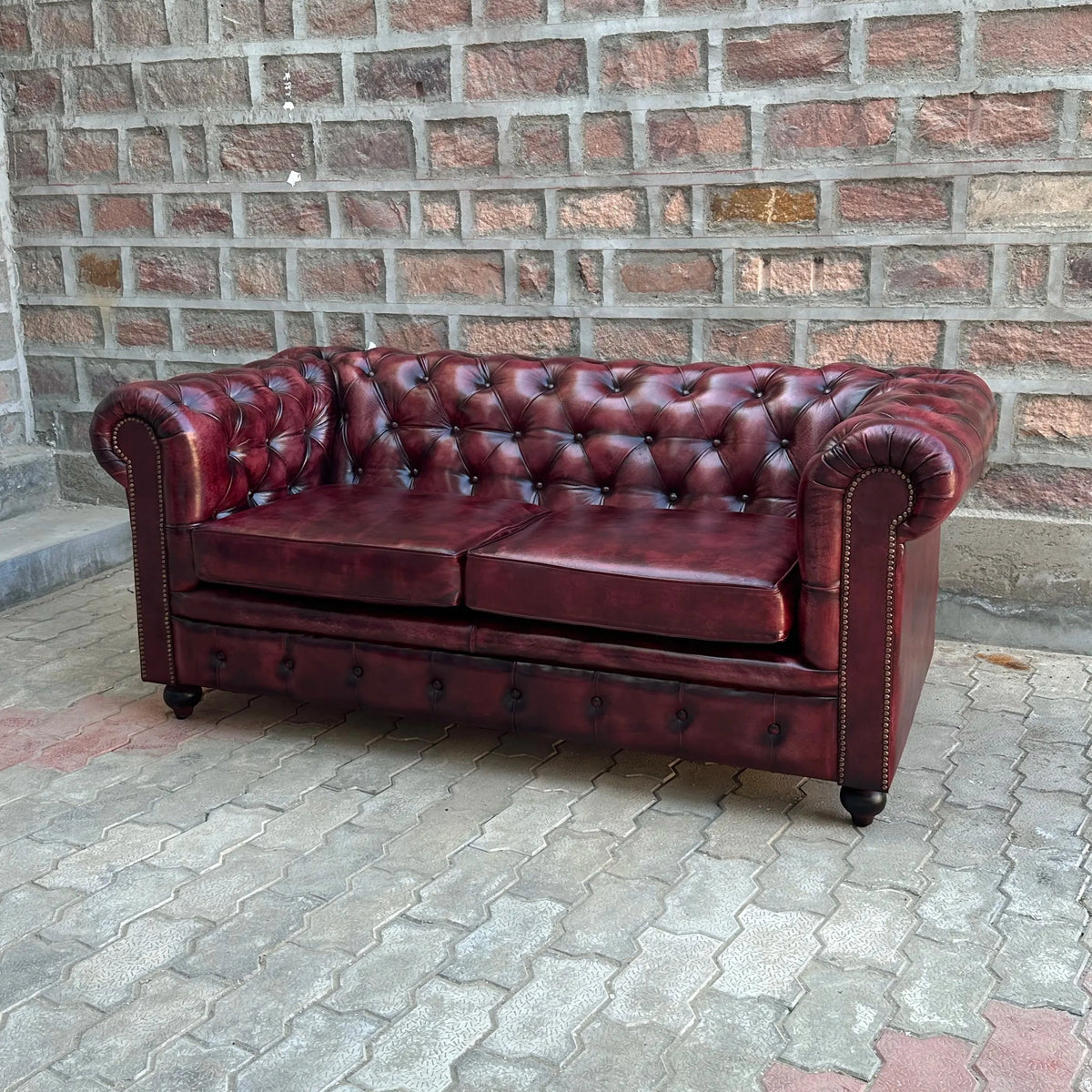 71" Loveseat Normal Cushions | Oxford Red Chesterfield Leather Loveseat with Normal Cushions (OR-2C) by Rising Tide Design Co.