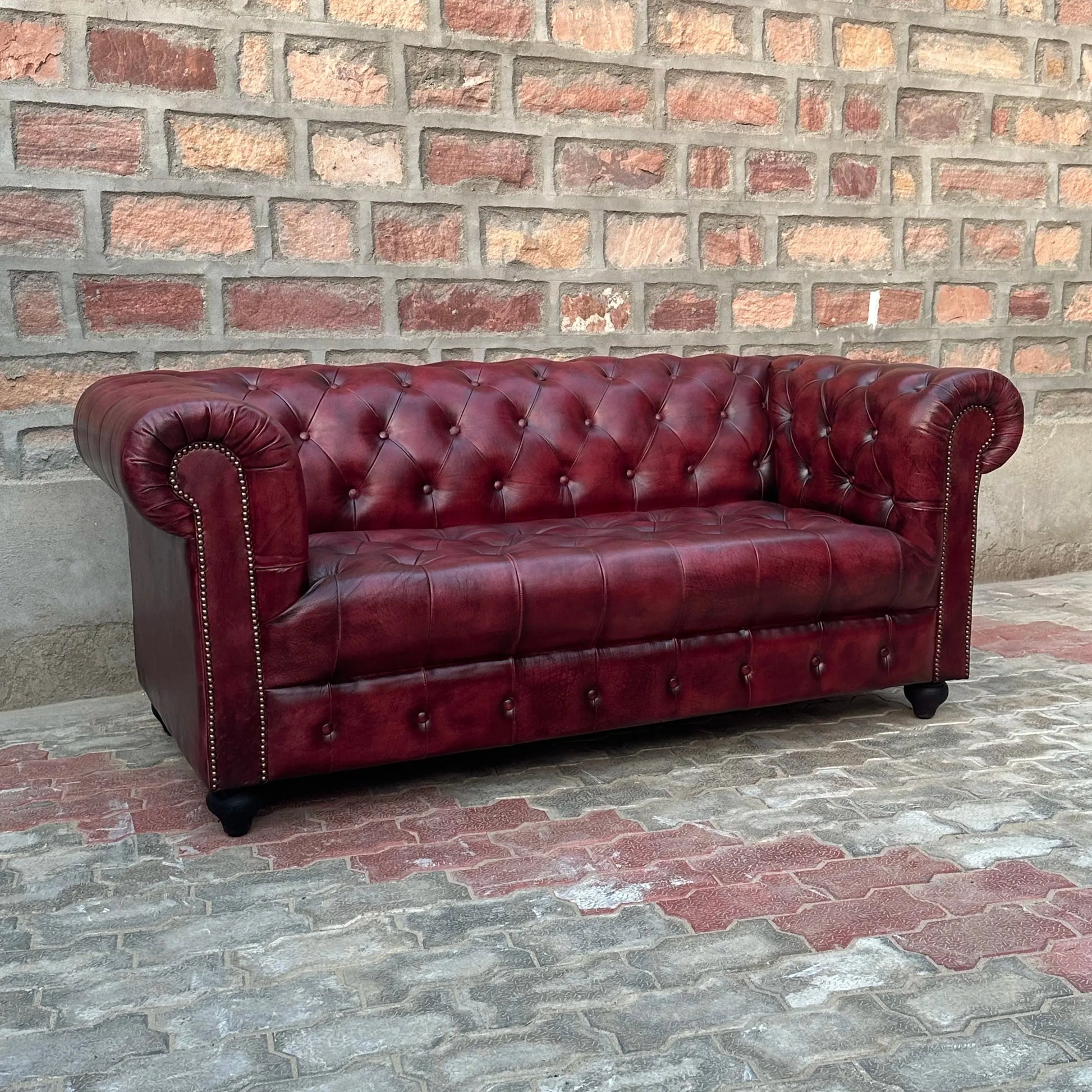 71" Loveseat Tufted Bench | Oxford Red Chesterfield Leather Loveseat with Tufted Bench Seats (OR-2T) by Rising Tide Design Co.