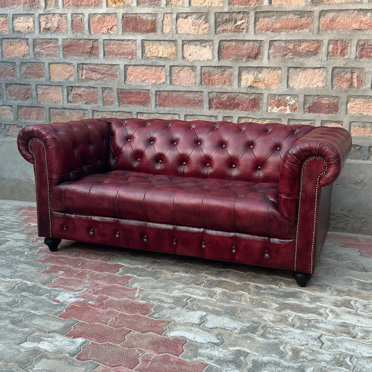 71" Loveseat Tufted Bench | Oxford Red Chesterfield Leather Loveseat with Tufted Bench Seats (OR-2T) by Rising Tide Design Co.