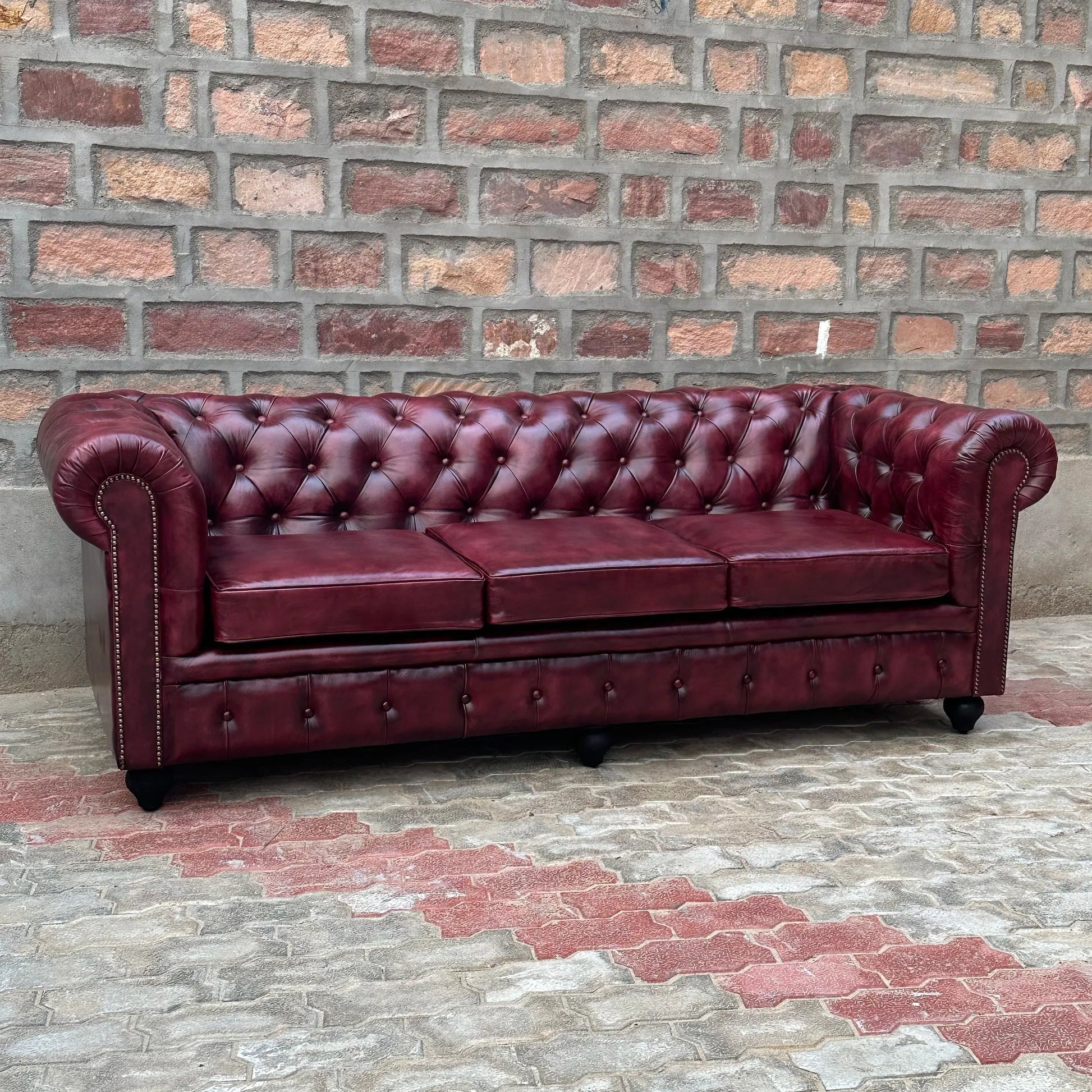 87" Sofa Normal Cushions | Oxford Red Chesterfield Leather Sofa with Normal Cushions (OR-3C) by Rising Tide Design Co.