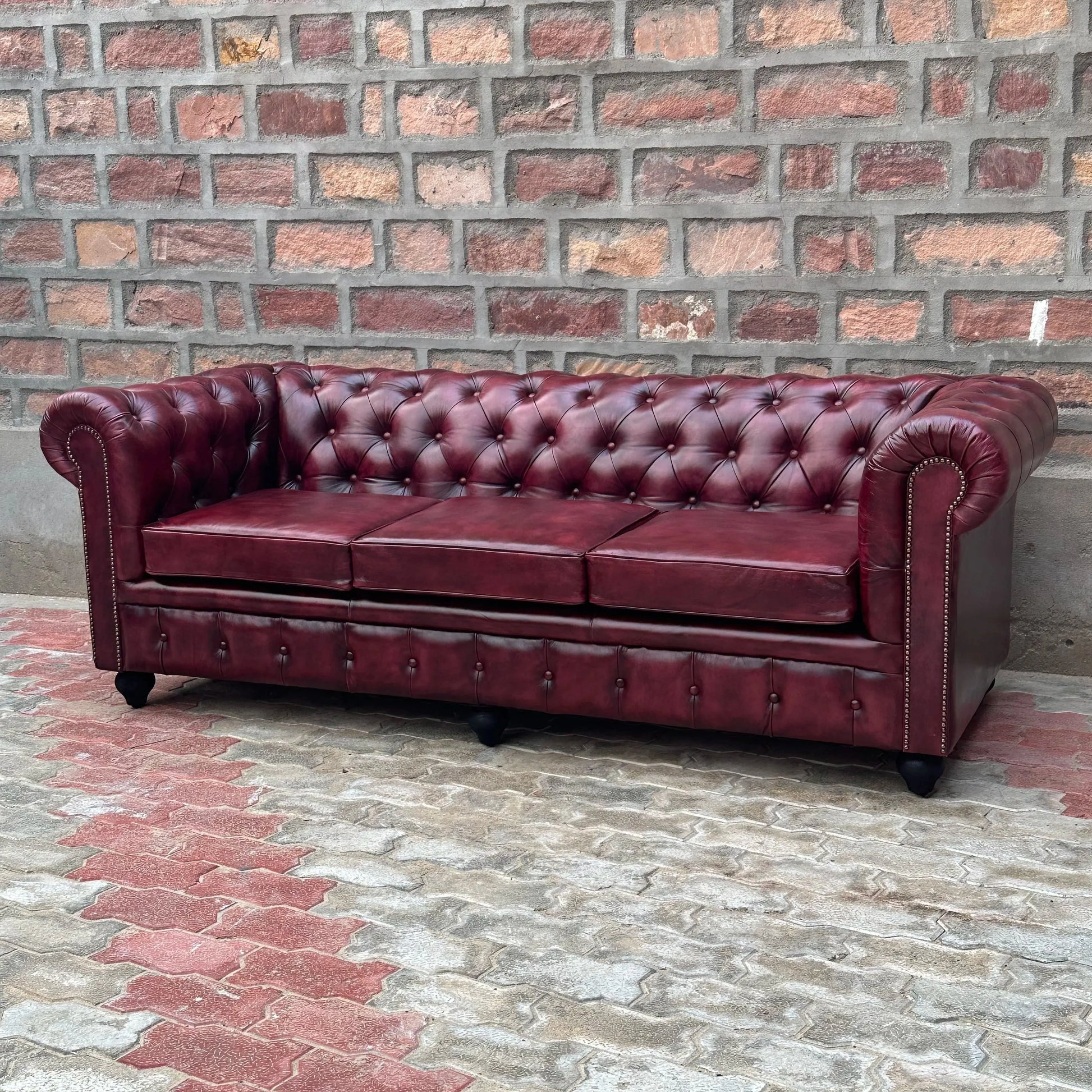 87" Sofa Normal Cushions | Oxford Red Chesterfield Leather Sofa with Normal Cushions (OR-3C) by Rising Tide Design Co.