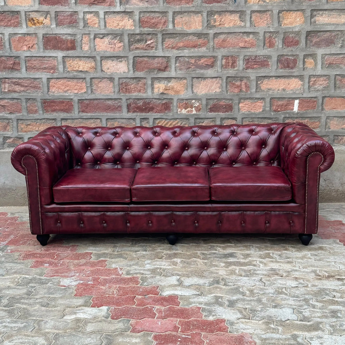 87" Sofa Normal Cushions | Oxford Red Chesterfield Leather Sofa with Normal Cushions (OR-3C) by Rising Tide Design Co.