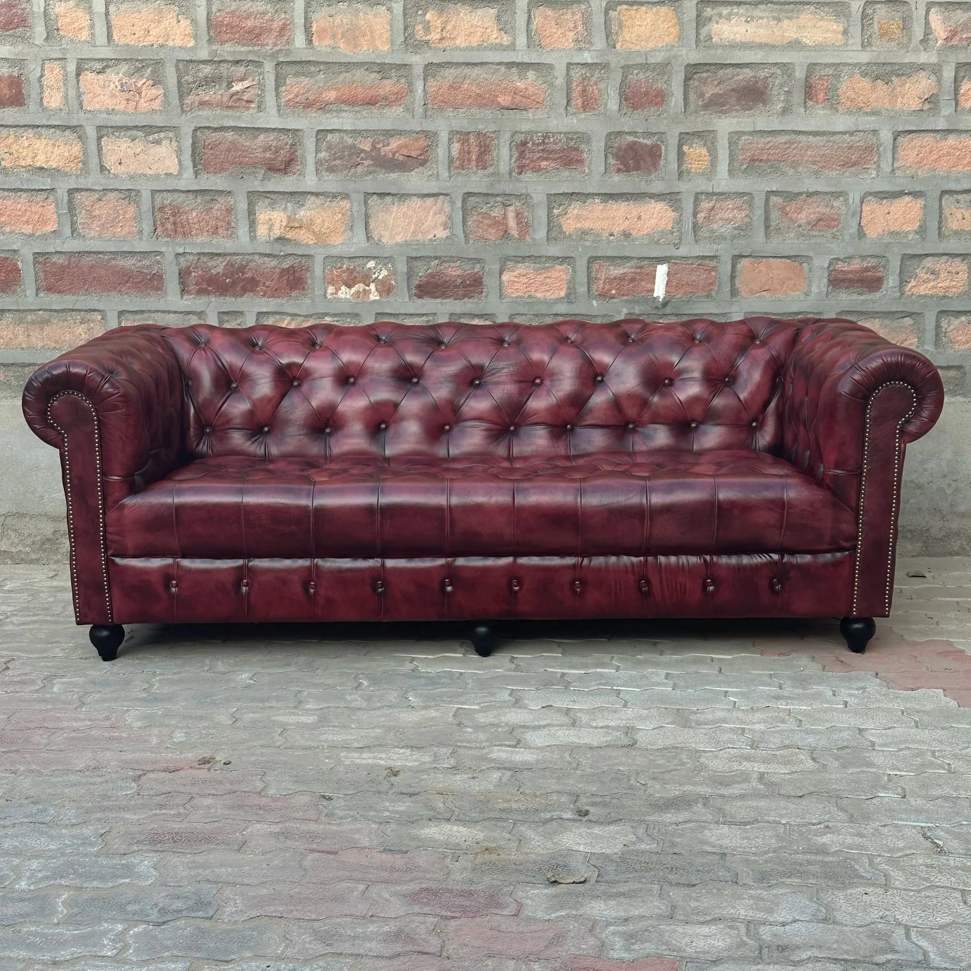 87" Sofa Tufted Bench | Oxford Red Chesterfield Leather Sofa with Tufted Bench Seat (OR-3T) by Rising Tide Design Co.