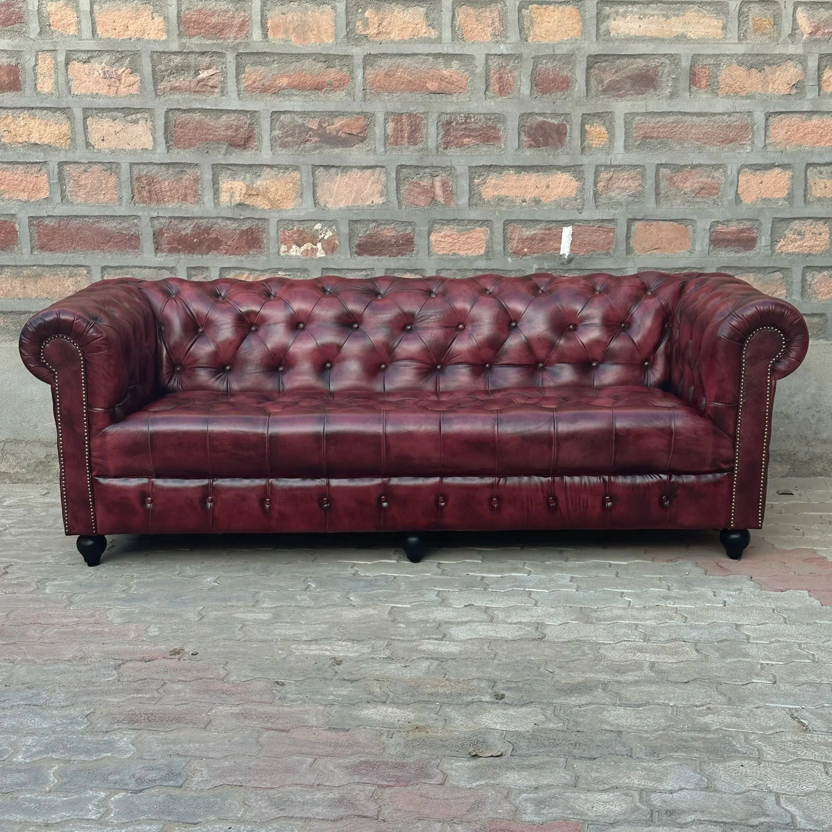 87" Sofa Tufted Bench | Oxford Red Chesterfield Leather Sofa with Tufted Bench Seat (OR-3T) by Rising Tide Design Co.