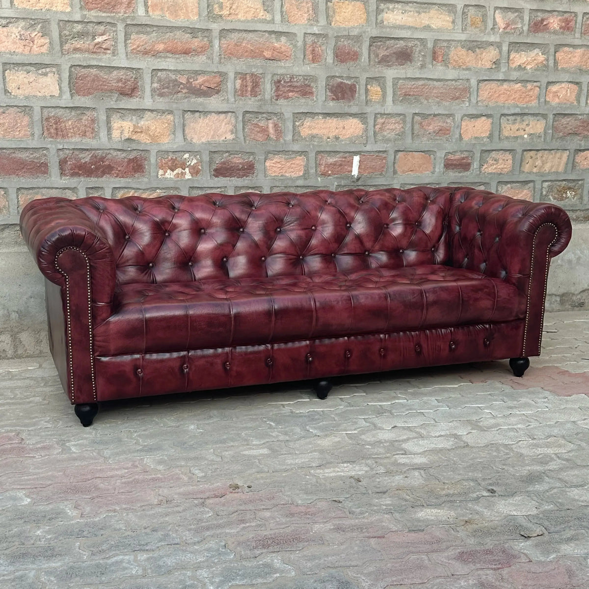 87" Sofa Tufted Bench | Oxford Red Chesterfield Leather Sofa with Tufted Bench Seat (OR-3T) by Rising Tide Design Co.