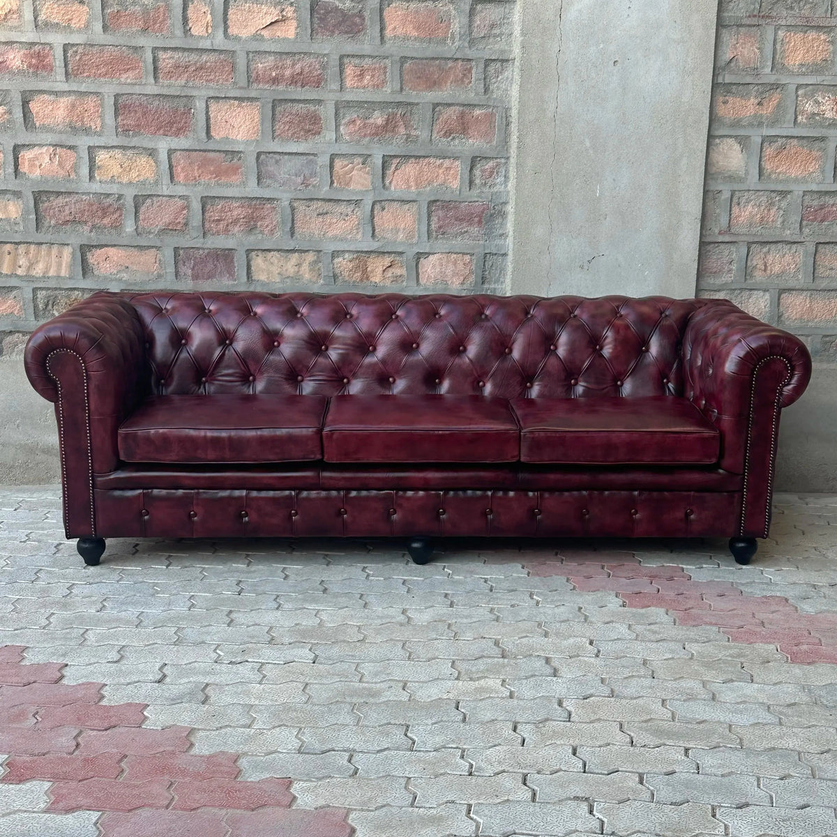 95" Sofa Normal Cushions | Oxford Red Chesterfield Leather Sofa with Normal Cushions (OR-4C) by Rising Tide Design Co.