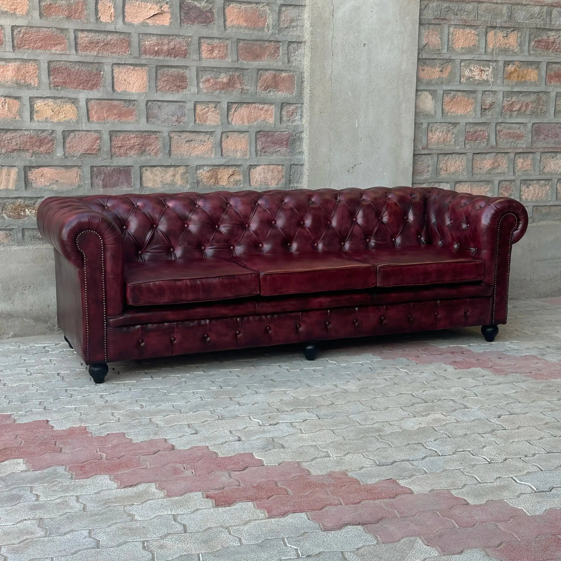 95" Sofa Normal Cushions | Oxford Red Chesterfield Leather Sofa with Normal Cushions (OR-4C) by Rising Tide Design Co.