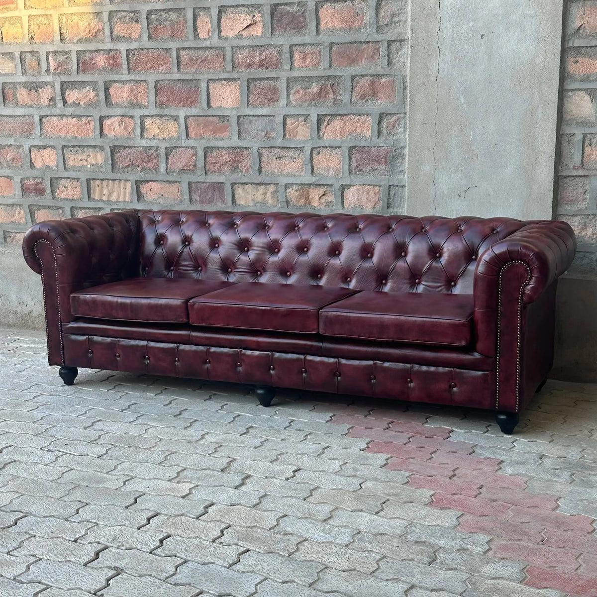 95" Sofa Normal Cushions | Oxford Red Chesterfield Leather Sofa with Normal Cushions (OR-4C) by Rising Tide Design Co.