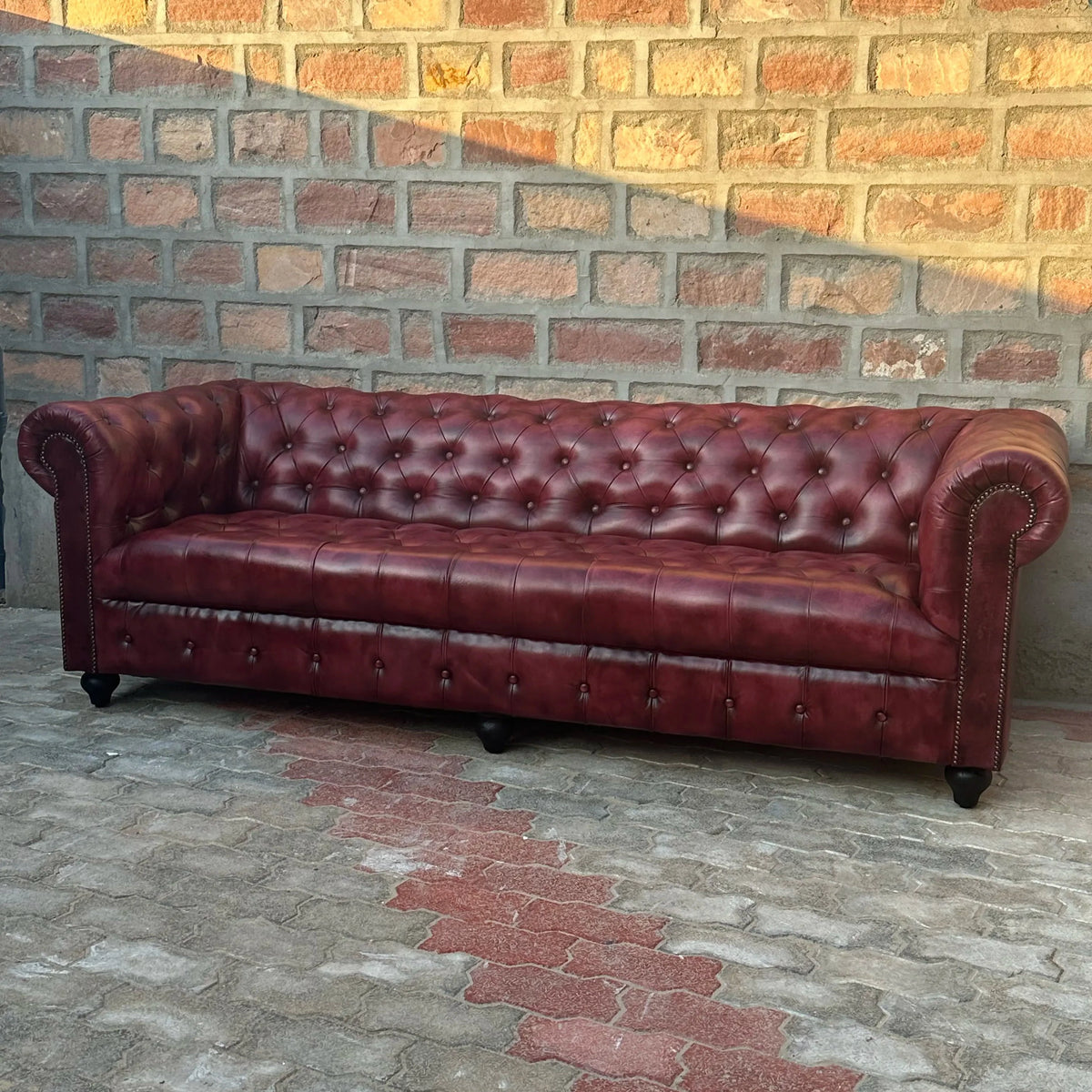 95" Sofa Tufted Bench | Oxford Red Chesterfield Leather Sofa with Tufted Bench Seat (OR-4T) by Rising Tide Design Co.