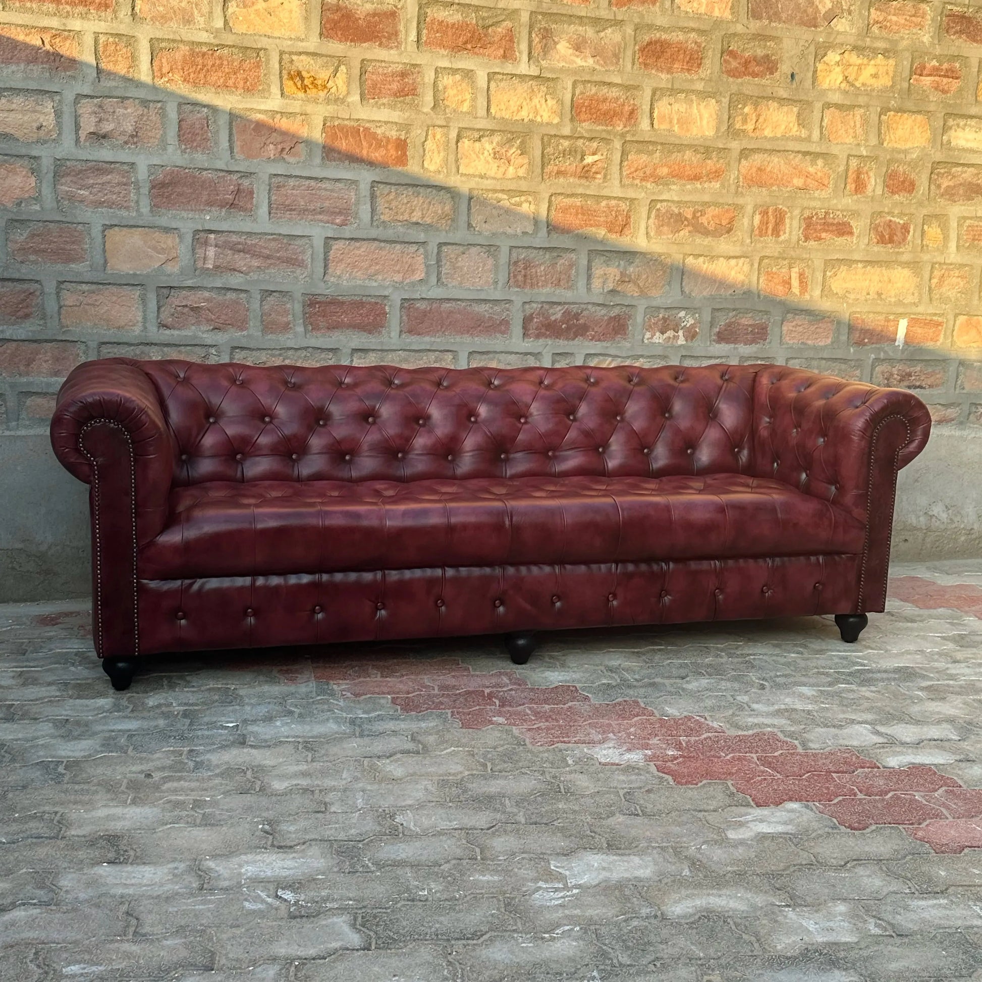 95" Sofa Tufted Bench | Oxford Red Chesterfield Leather Sofa with Tufted Bench Seat (OR-4T) by Rising Tide Design Co.