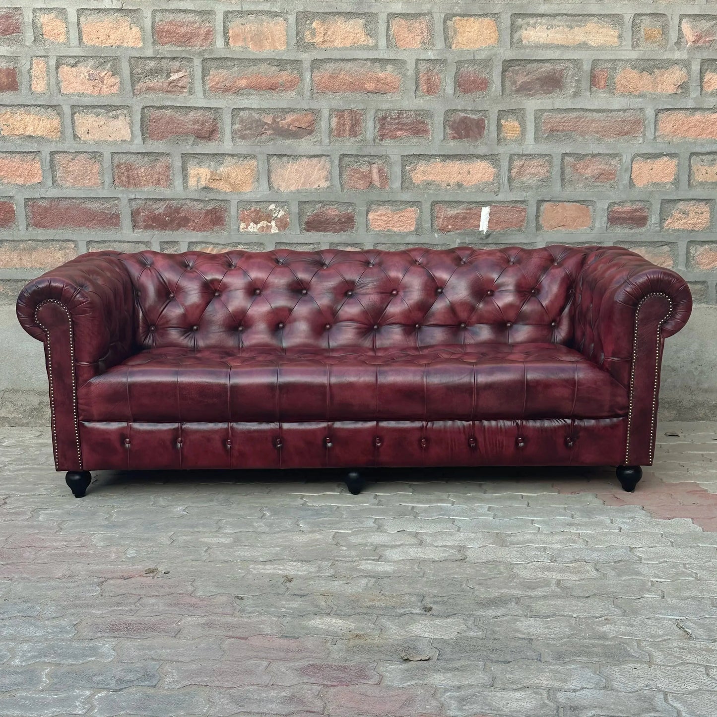 Oxford Red Chesterfield Leather Sofa with Tufted Bench Seat (OR-4T) by Rising Tide Design Co.