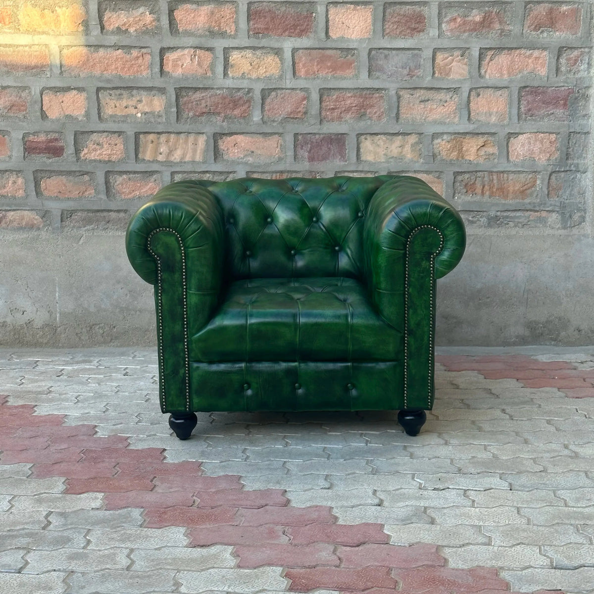 37" Armchair Tufted Bench | Polo Green Chesterfield Leather Armchair with Tufted Bench Seat (PG-1T) by Rising Tide Design Co.