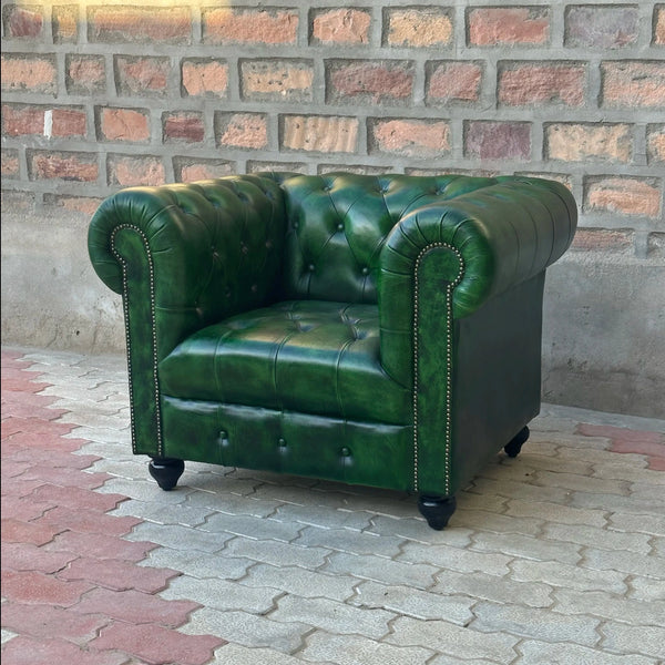 37" Armchair Tufted Bench | Polo Green Chesterfield Leather Armchair with Tufted Bench Seat (PG-1T) by Rising Tide Design Co.