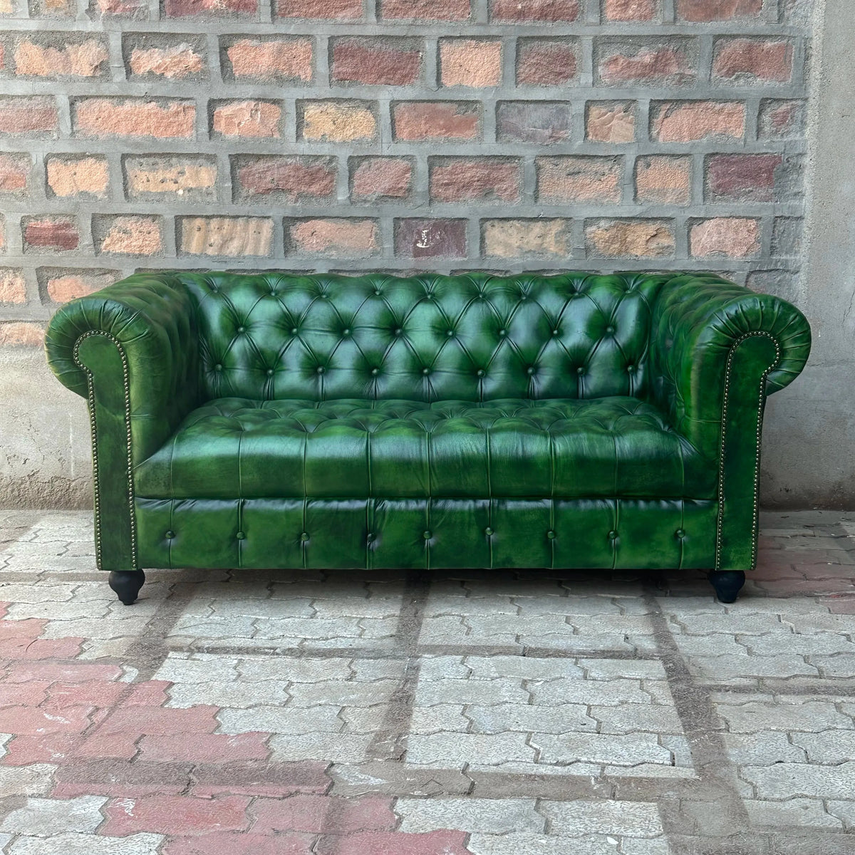 71" Loveseat Tufted Bench | Polo Green Chesterfield Leather Loveseat with Tufted Bench Seat (PG-2T) by Rising Tide Design Co.