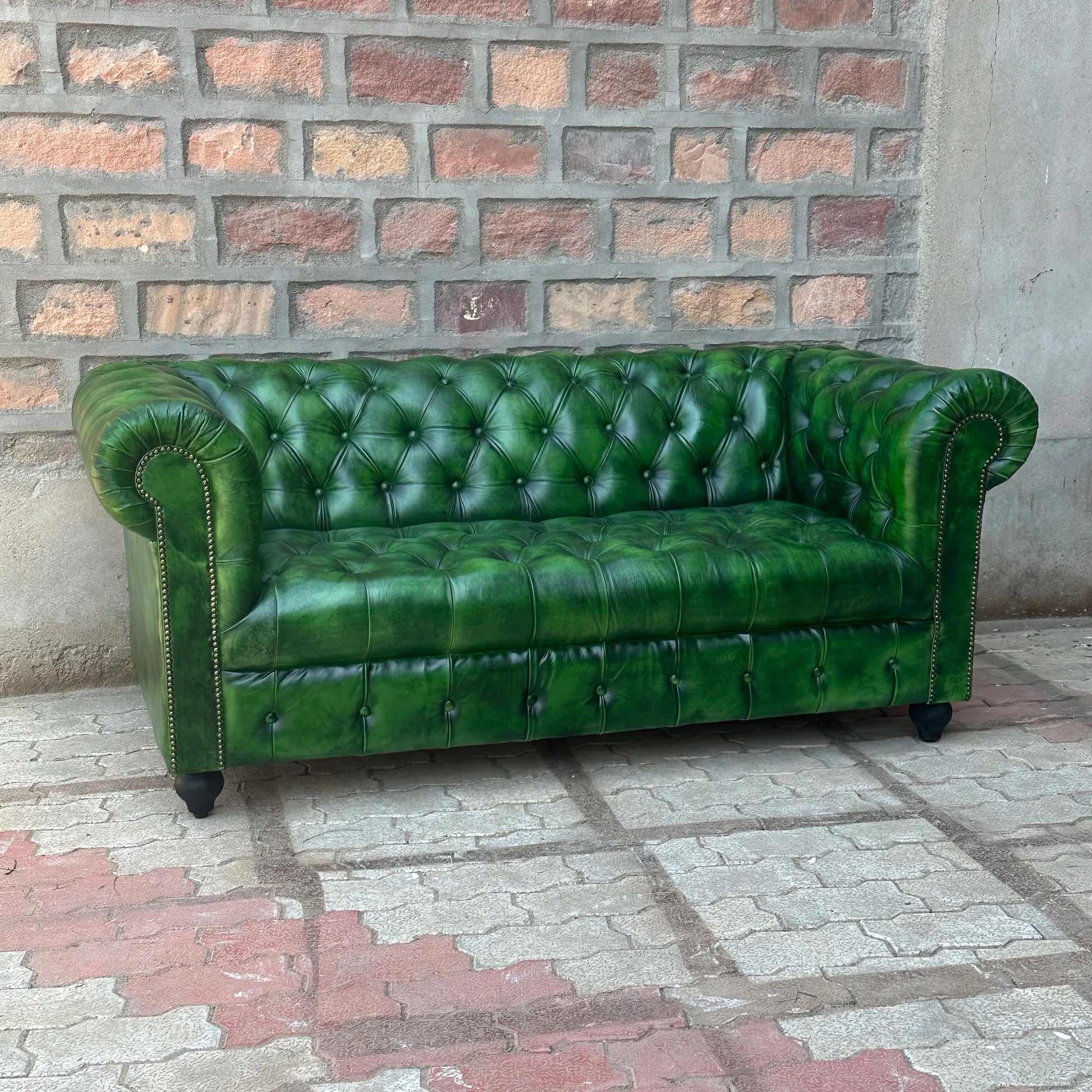 71" Loveseat Tufted Bench | Polo Green Chesterfield Leather Loveseat with Tufted Bench Seat (PG-2T) by Rising Tide Design Co.