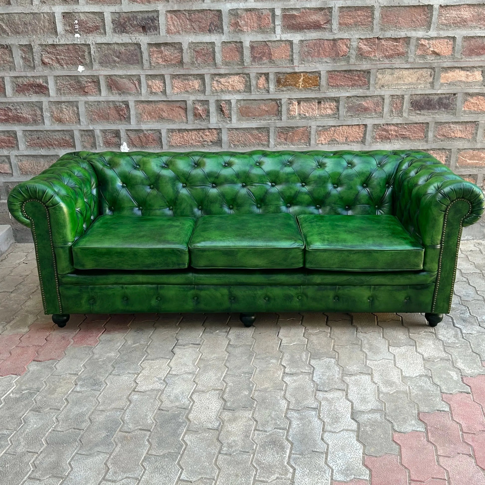 87" Sofa Normal Cushions | Polo Green Chesterfield Leather Sofa with Normal Cushions (PG-3C) by Rising Tide Design Co.