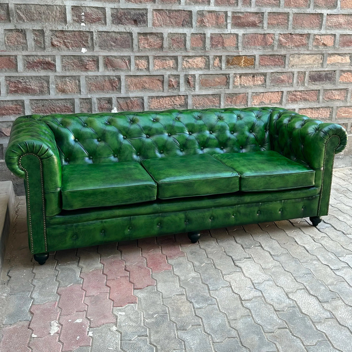 87" Sofa Normal Cushions | Polo Green Chesterfield Leather Sofa with Normal Cushions (PG-3C) by Rising Tide Design Co.