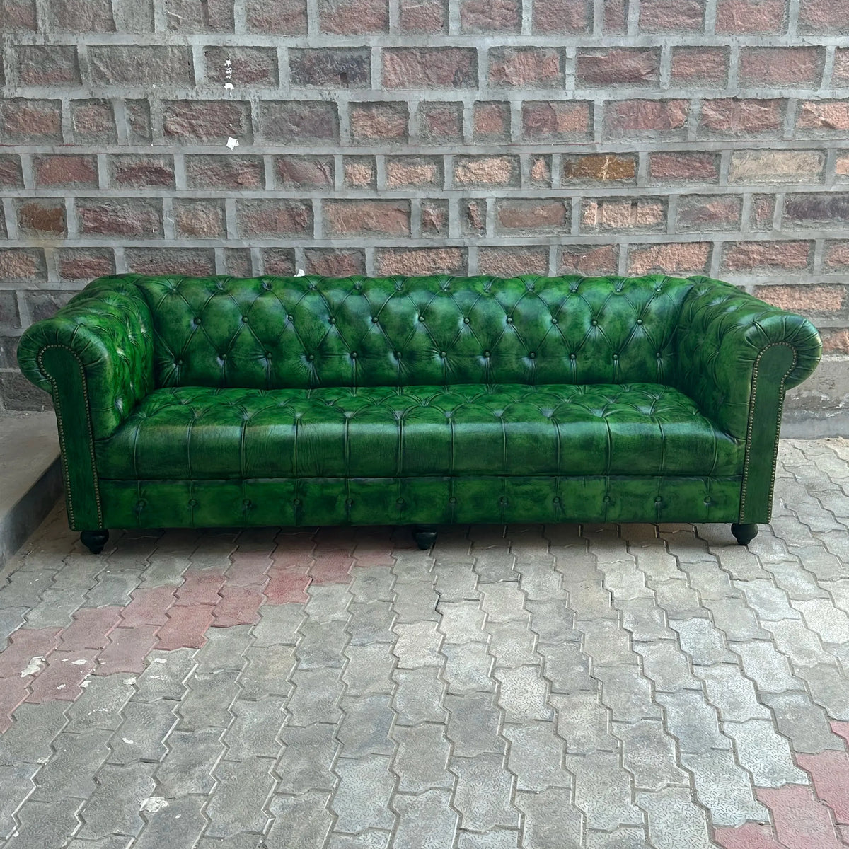95" Sofa Tufted Bench | Polo Green Chesterfield Leather Sofa with Tufted Bench Seat (PG-4T) by Rising Tide Design Co.