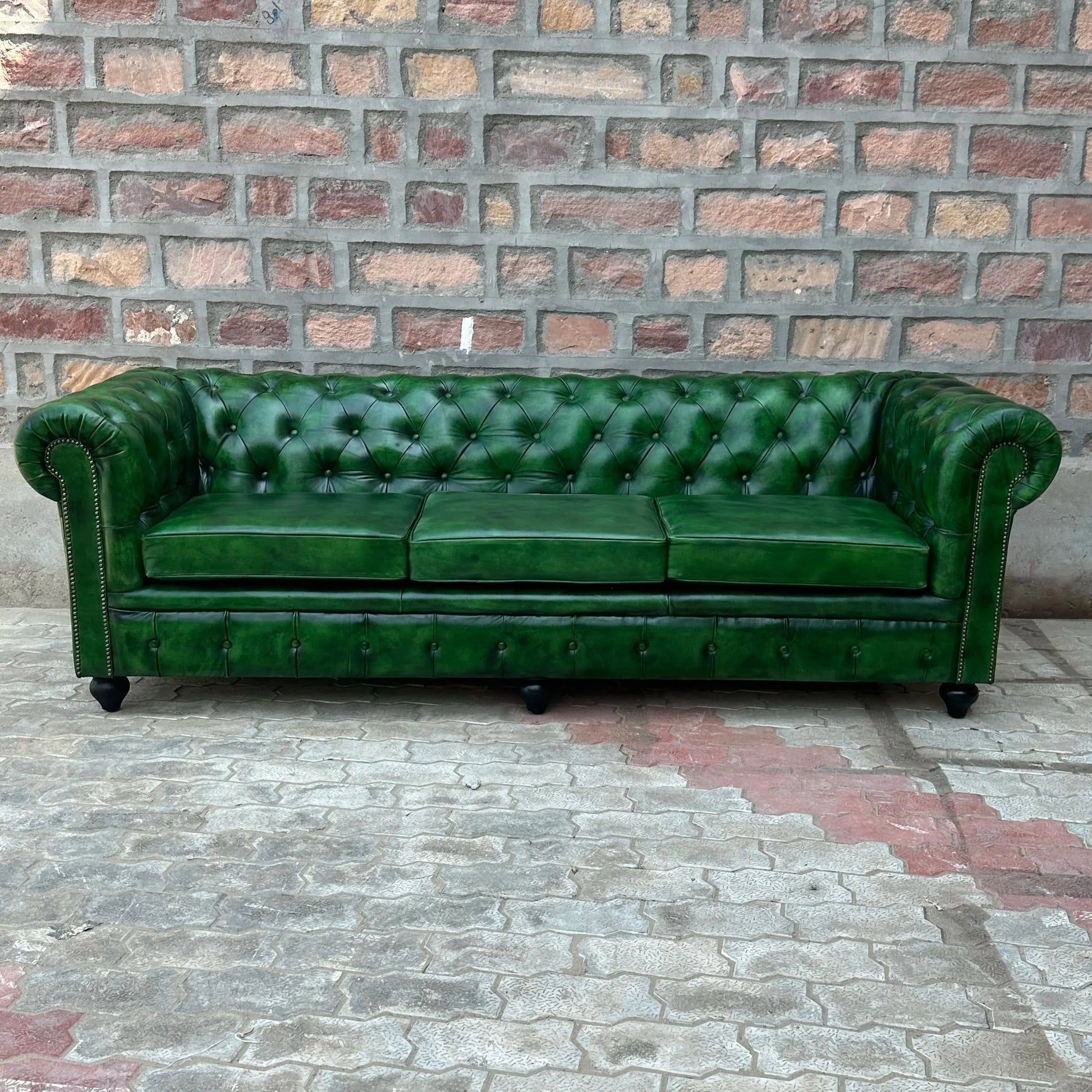 95" Sofa Normal Cushions | Polo Green Chesterfield Leather Sofa with Normal Cushions (PG-4C) by Rising Tide Design Co.