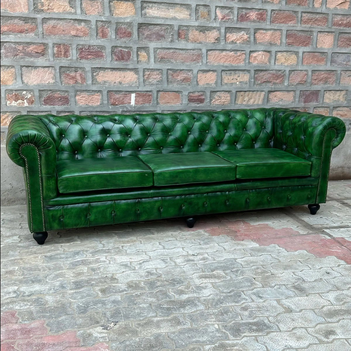95" Sofa Normal Cushions | Polo Green Chesterfield Leather Sofa with Normal Cushions (PG-4C) by Rising Tide Design Co.