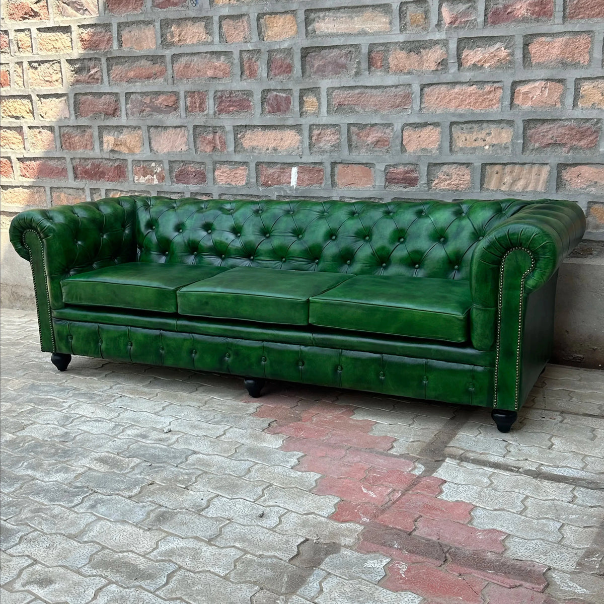 95" Sofa Normal Cushions | Polo Green Chesterfield Leather Sofa with Normal Cushions (PG-4C) by Rising Tide Design Co.