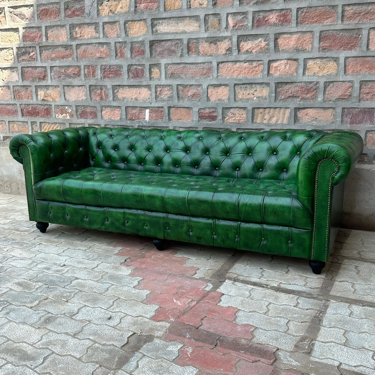 87" Sofa Tufted Bench | Polo Green Chesterfield Leather Sofa with Tufted Bench Seat (PG-3T) by Rising Tide Design Co.