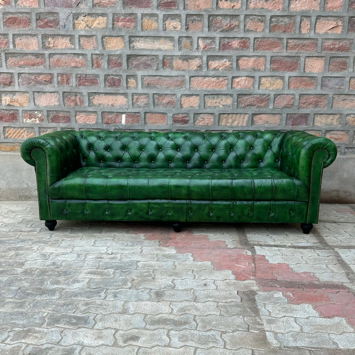 Polo Green Chesterfield Leather Sofa with Tufted Bench Seat (PG-3T) by Rising Tide Design Co.