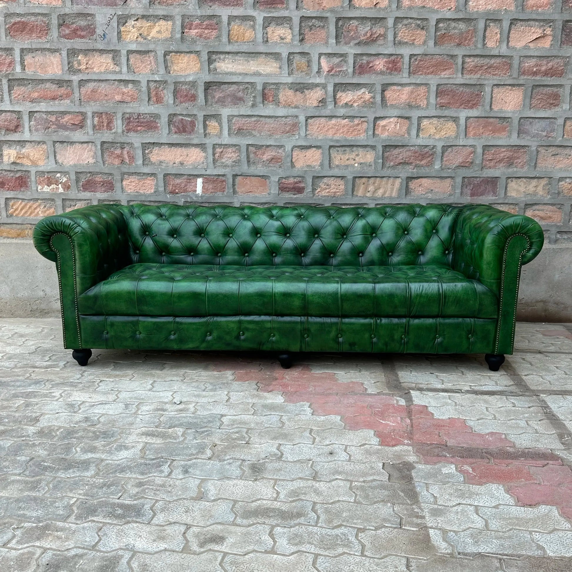 87" Sofa Tufted Bench | Polo Green Chesterfield Leather Sofa with Tufted Bench Seat (PG-3T) by Rising Tide Design Co.
