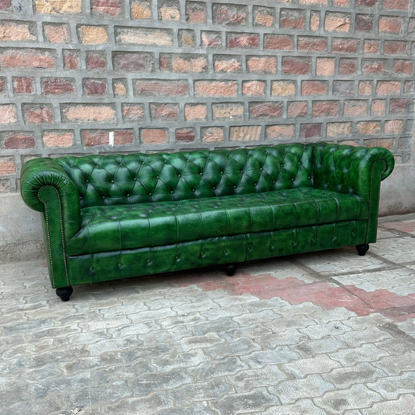 Polo Green Chesterfield Leather Sofa with Tufted Bench Seat (PG-3T) by Rising Tide Design Co.