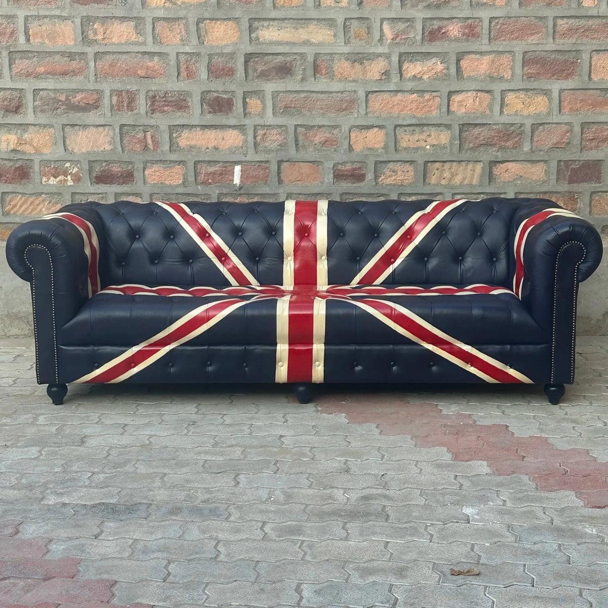 95" Sofa Tufted Bench | Union Jack Chesterfield Leather Sofa with Tufted Bench Seat (UN-4T) by Rising Tide Design Co.