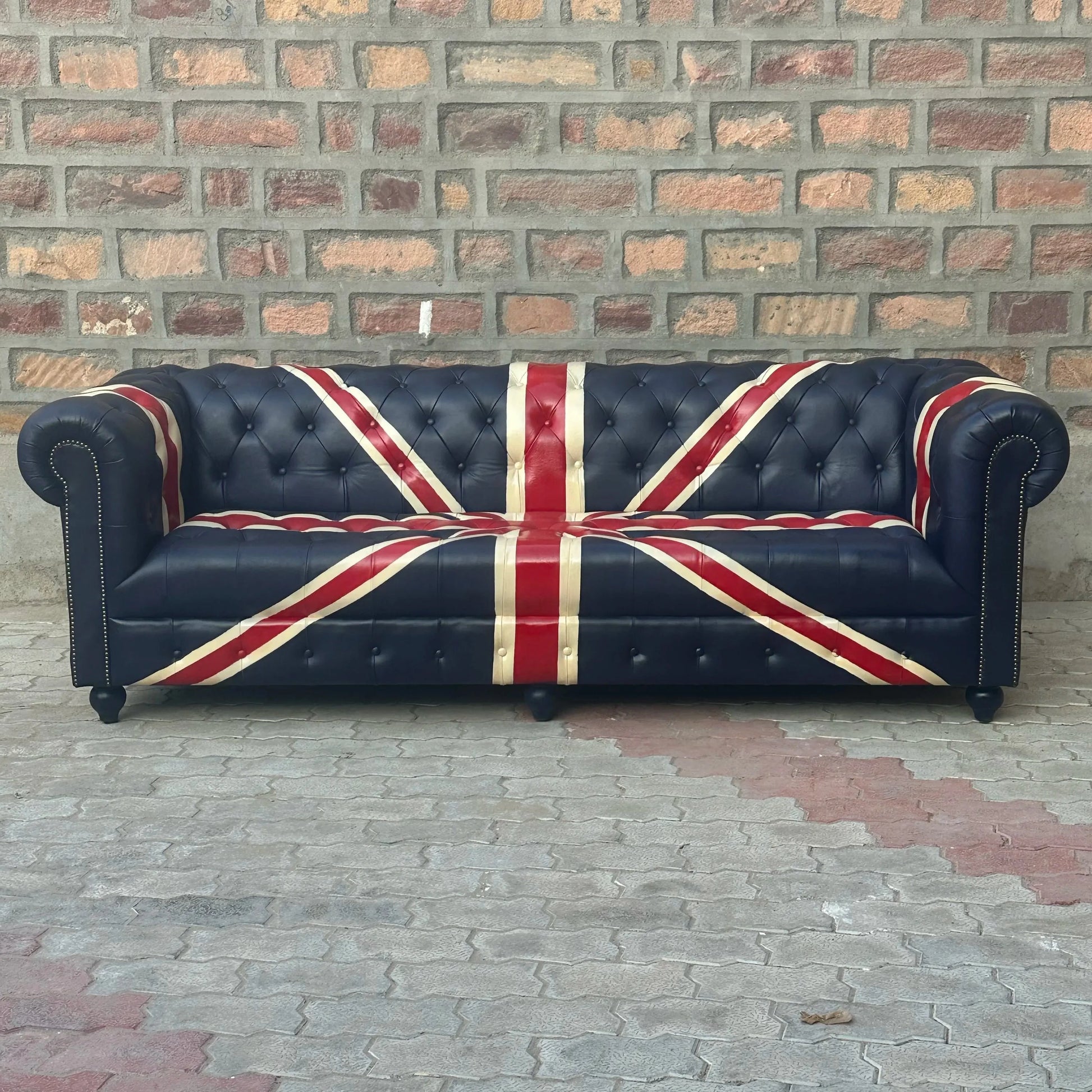 Union Jack Chesterfield Leather Sofa with Tufted Bench Seat (UN-4T) by Rising Tide Design Co.