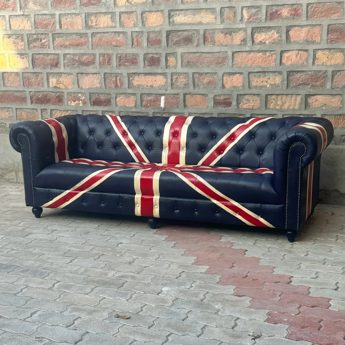 87" Sofa Tufted Bench | Union Jack Chesterfield Leather Sofa with Tufted Bench Seat (UN-3T) by Rising Tide Design Co.