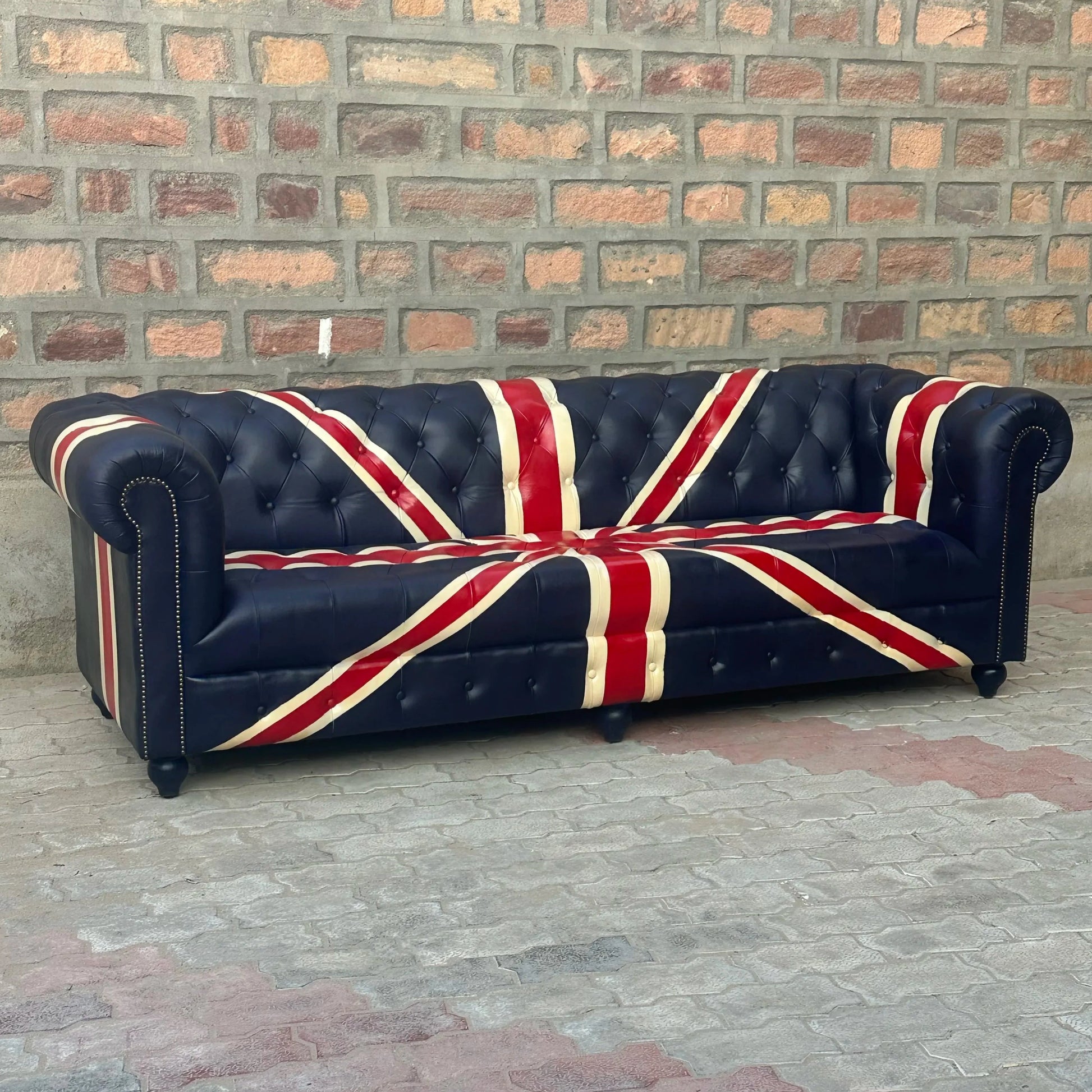 95" Sofa Tufted Bench | Union Jack Chesterfield Leather Sofa with Tufted Bench Seat (UN-4T) by Rising Tide Design Co.